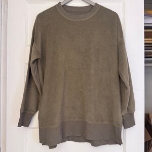 Aerie Small American Eagle Velour Fleece Green  Khaki Crewneck Sweater Split Hem